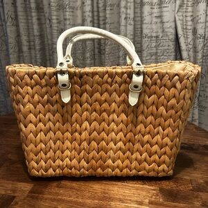 Straw studios Woven Tan Tote Bag with White Handles